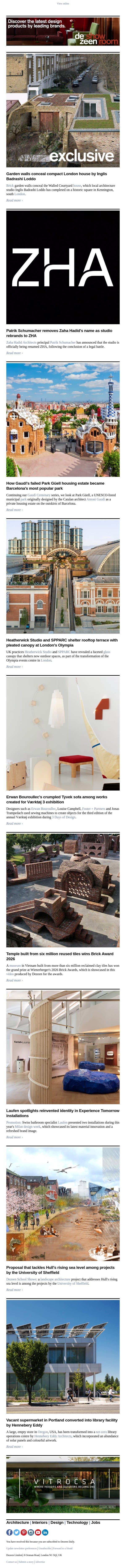 Zaha Hadid Architects renamed | Concealed London house | Heatherwick pleated canopy email from Dezeen screenshot
