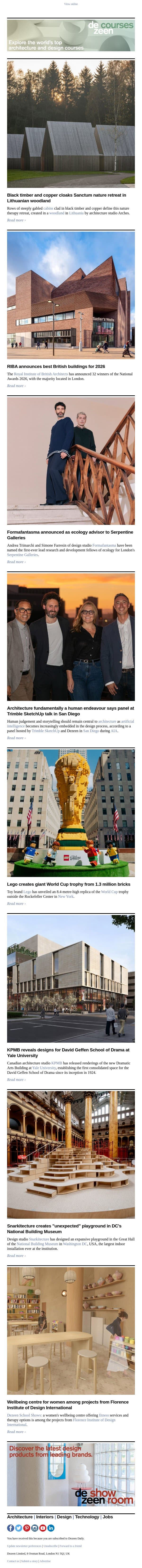 Best British buildings | Snarkitecture "unexpected" playground | Giant Lego World Cup email from Dezeen screenshot