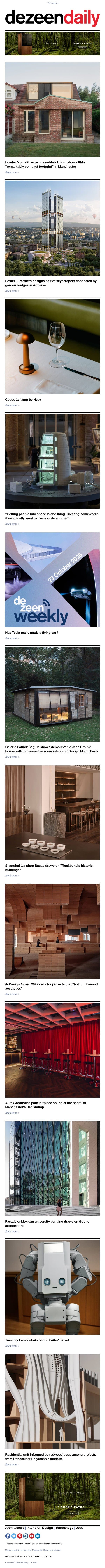 Foster garden-bridge skyscraper | "Droid butler" | Prouvé demountable house email from Dezeen screenshot