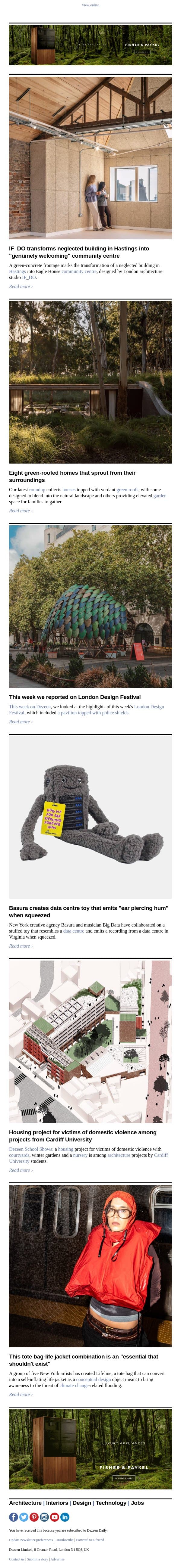 Tote-bag life jacket | Hastings community centre | Green-roofed houses email from Dezeen screenshot