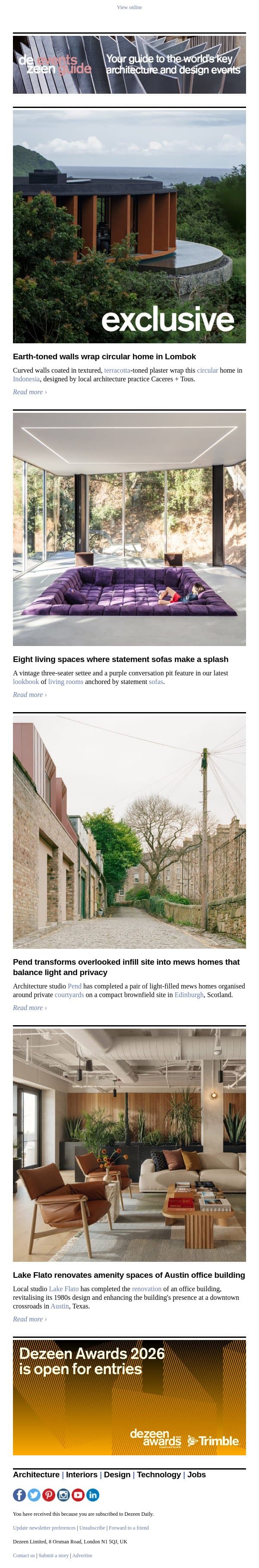 Infill mews homes | Circular Indonesian house | Statement sofas email from Dezeen screenshot