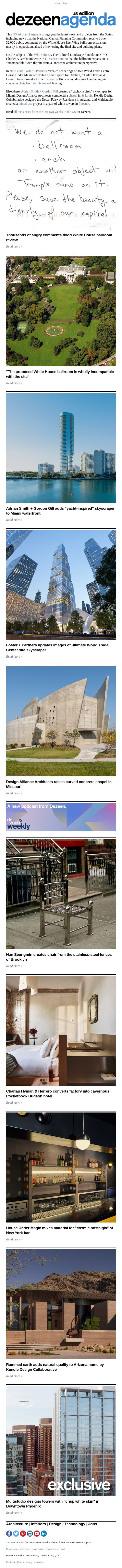 Agenda – US edition: Angry comments flood White House ballroom review email from Dezeen screenshot