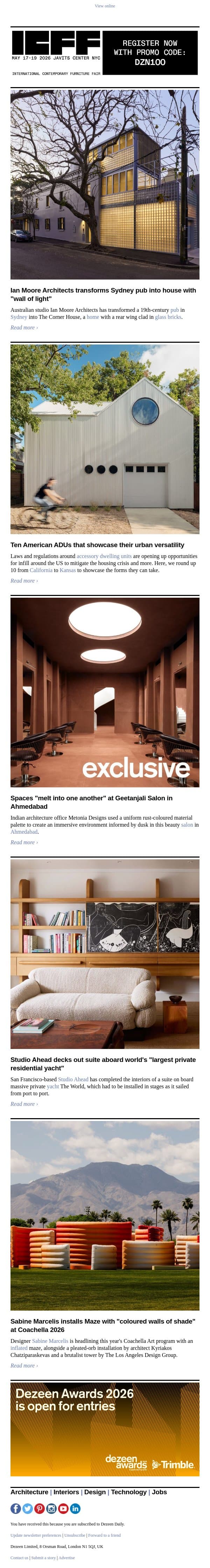 Ahmedabad beauty salon | "Wall of light" Sydney house | The World yacht interior email from Dezeen screenshot