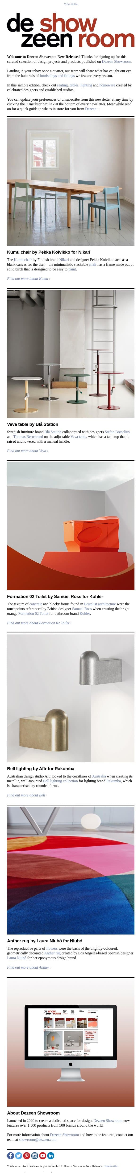 Welcome to Dezeen Showroom New Releases email from Dezeen screenshot