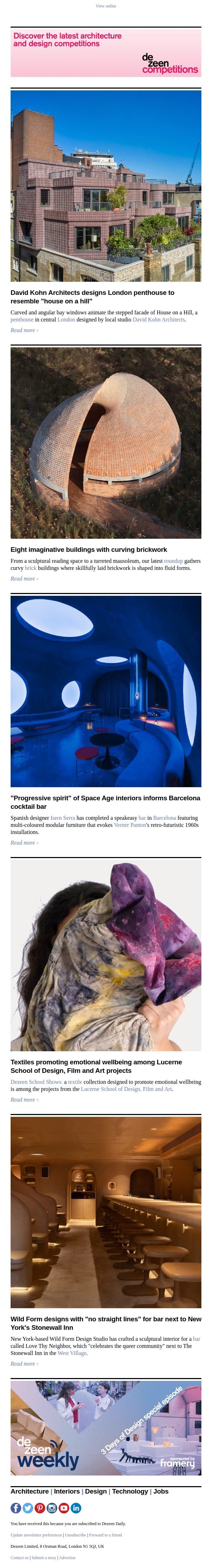 Central London penthouse | Space Age cocktail bar | Curved brickwork buildings email from Dezeen screenshot