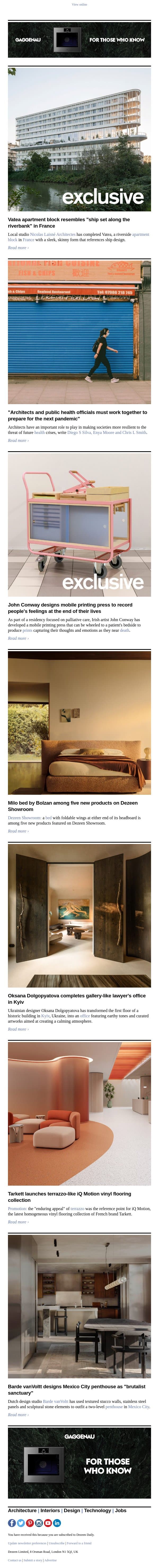 Mobile printing press | Ship-like apartment block | Kyiv lawyer's office email from Dezeen screenshot
