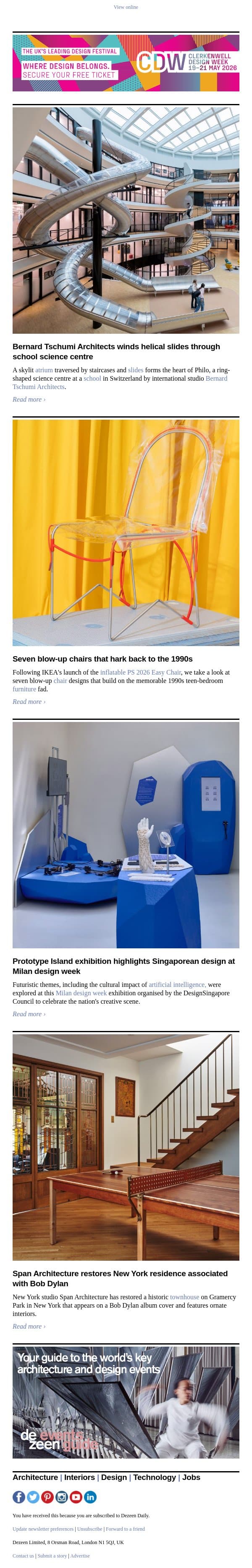 Singaporean-design exhibition | Inflatable chairs | Ring-shaped science centre email from Dezeen screenshot