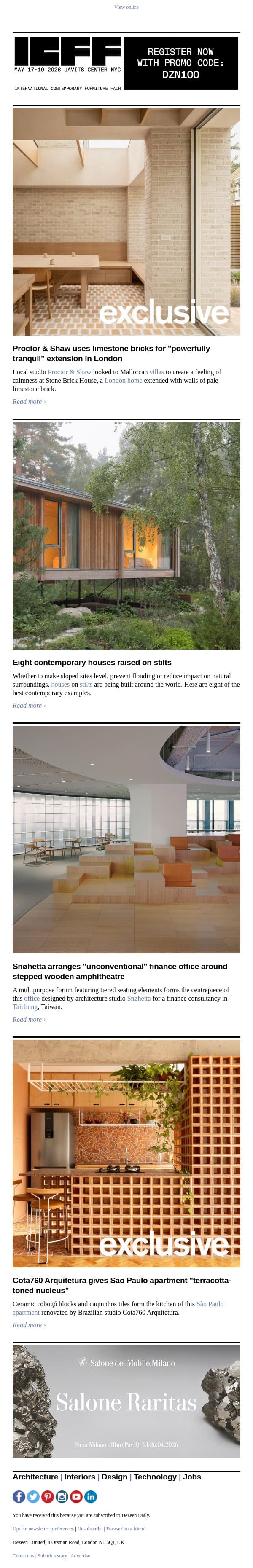 Houses on stilts | "Powerfully tranquil" London extension | Snøhetta finance office email from Dezeen screenshot