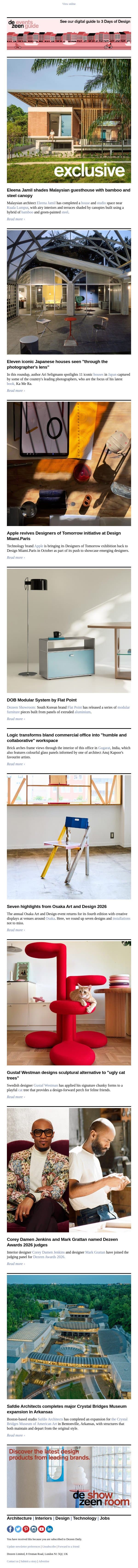 Gustaf Westman cat trees | Iconic Japanese houses | Crystal Bridges Museum email from Dezeen screenshot