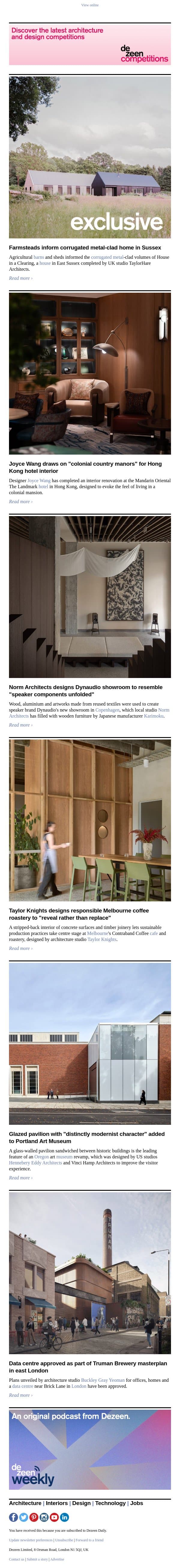 London data centre | "Distinctly modernist" museum | Corrugated metal-clad home email from Dezeen screenshot