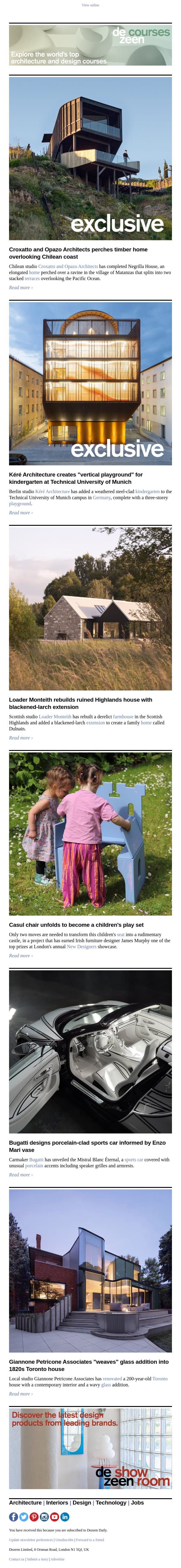 Kéré Architecture kindergarten | Children's castle chair | Porcelain-clad Bugatti email from Dezeen screenshot