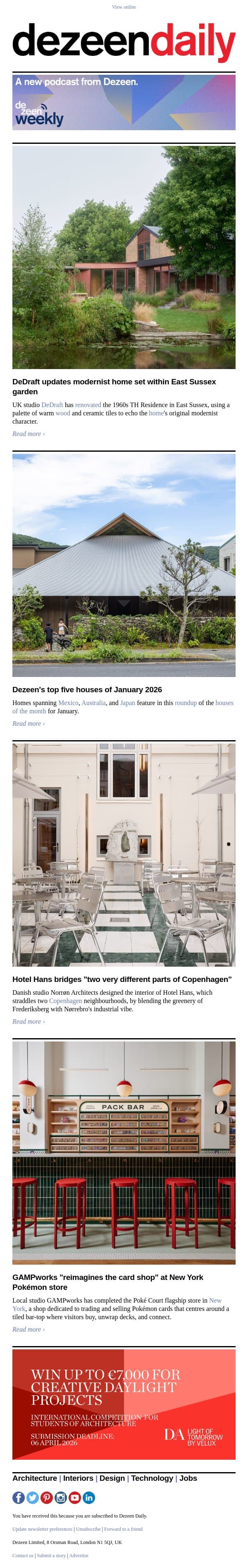 Pokemon card shop | January's best houses | Modernist garden home email from Dezeen screenshot