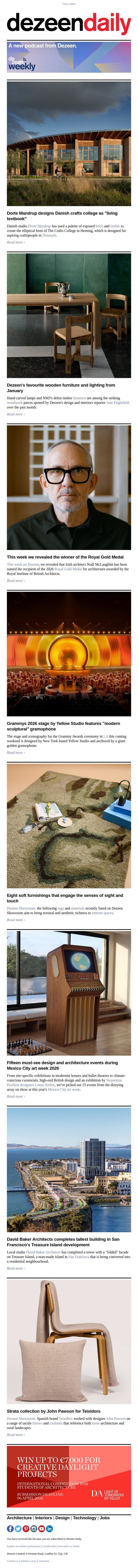 Grammys set | Dorte Mandrup crafts college | Top wooden products email from Dezeen screenshot