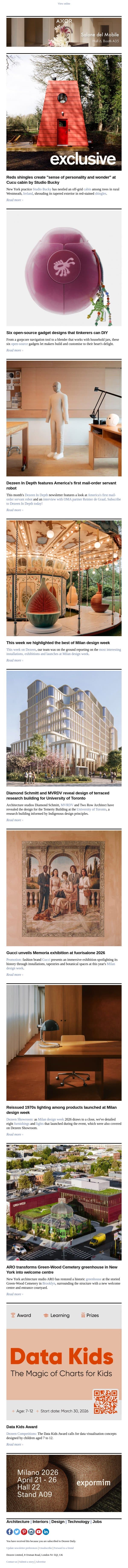 Open-source gadgets | Red shingle cabin | Greenhouse welcome centre email from Dezeen screenshot