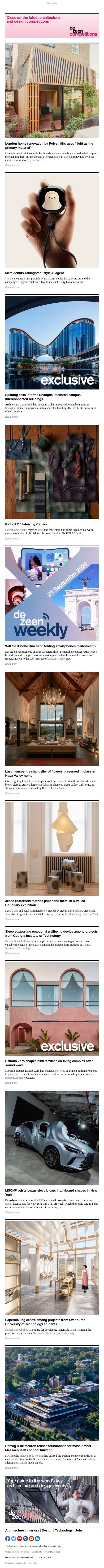 Meta Tamagotchi AI agent | Herzog & de Meuron timber college | MSCHF twisted cars email from Dezeen screenshot