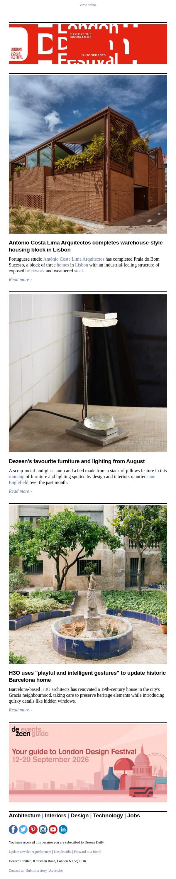 August top furniture | Historic Barcelona home | Industrial-style housing email from Dezeen screenshot