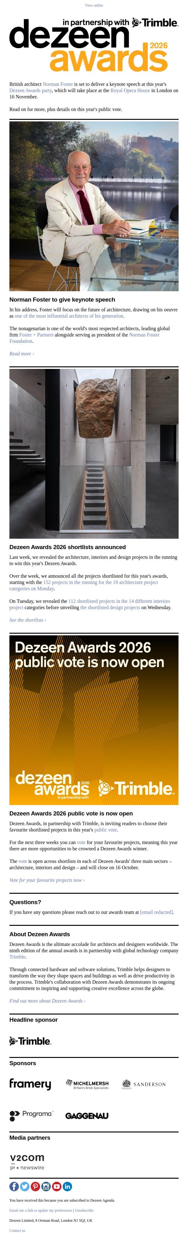 Norman Foster to give keynote speech at Dezeen Awards 2026 party email from Dezeen screenshot