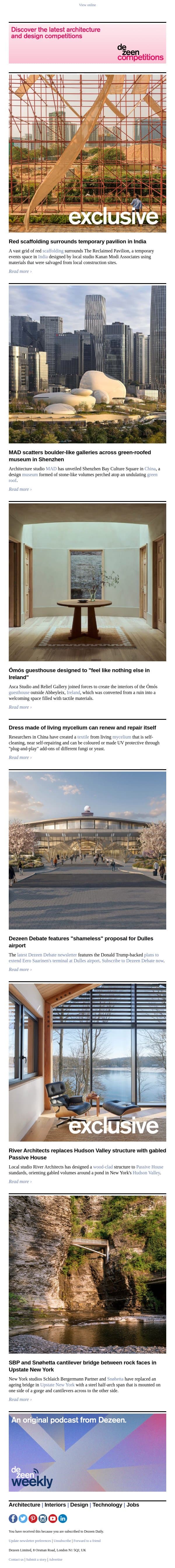 MAD boulder-like museum | Self-repairing dress | Scaffolding pavilion email from Dezeen screenshot
