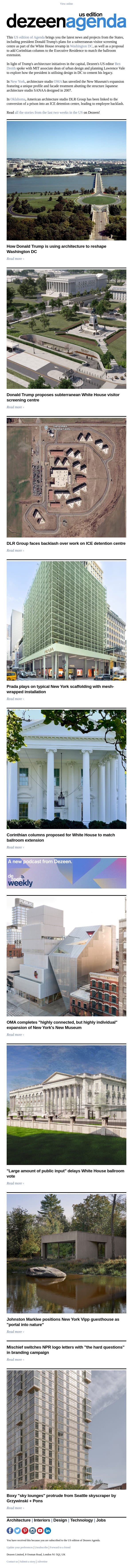 Agenda – US edition: How Donald Trump is using architecture to reshape Washington DC email from Dezeen screenshot