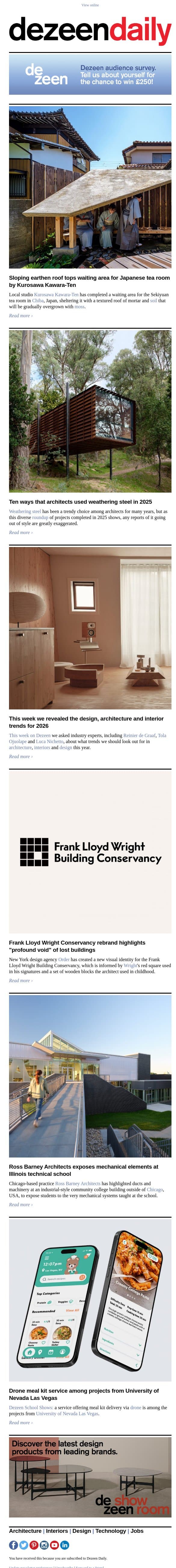 Recent Corten buildings | Earth-topped tea room | Ross Barney technical school email from Dezeen screenshot