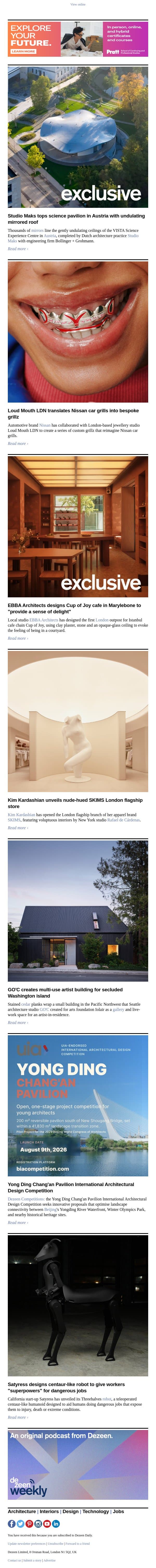 SKIMS London flagship store | Centaur robot | Mirrored-roof pavilion email from Dezeen screenshot