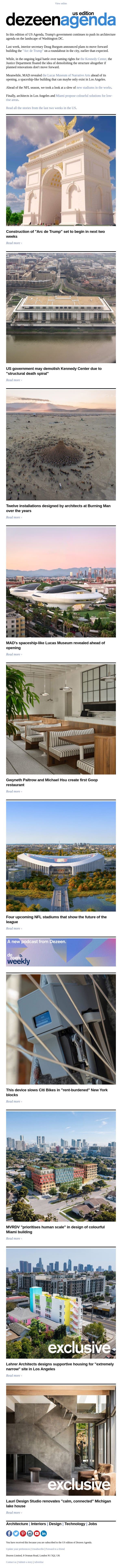 Agenda US: Construction of "Arc de Trump" set to begin in next two weeks email from Dezeen screenshot