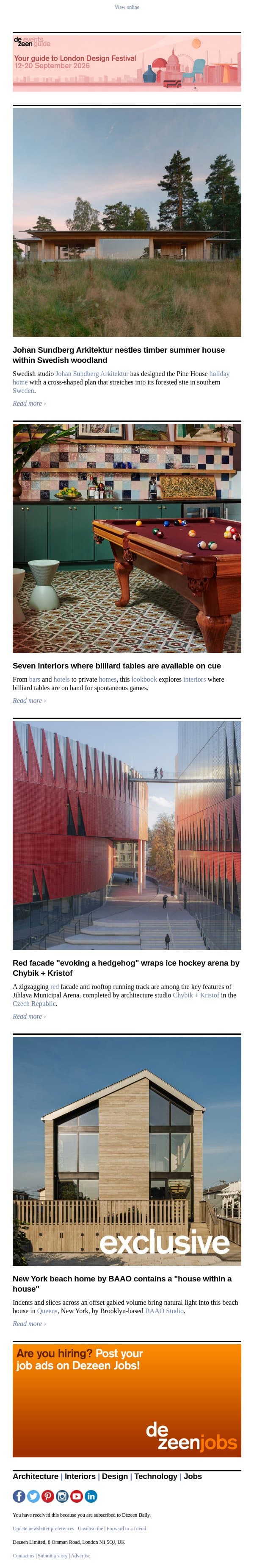 "House within a house" | Running track-topped arena | Timber summer house email from Dezeen screenshot