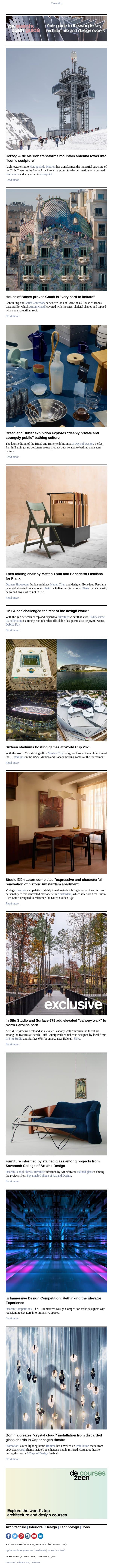World Cup stadiums | Alpine antenna-tower viewpoint | Gaudí's House of Bones email from Dezeen screenshot
