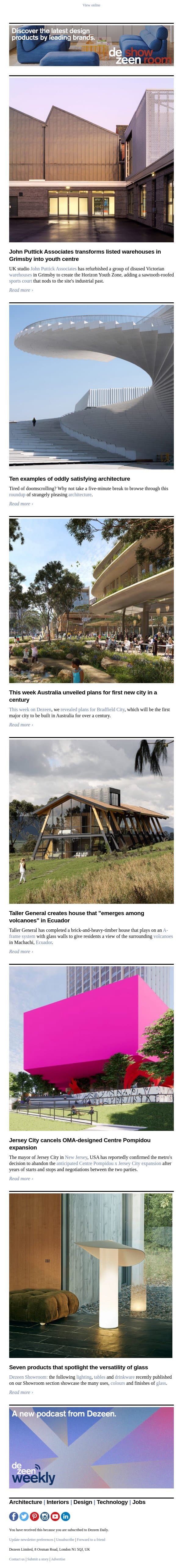 Oddly satisfying architecture | Grimsby youth centre | Jersey City Pompidou cancelled email from Dezeen screenshot
