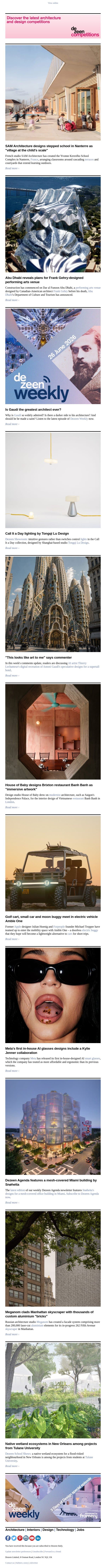 Gehry Abu Dhabi arts venue | Meta AI glasses | Doorless electric buggy email from Dezeen screenshot