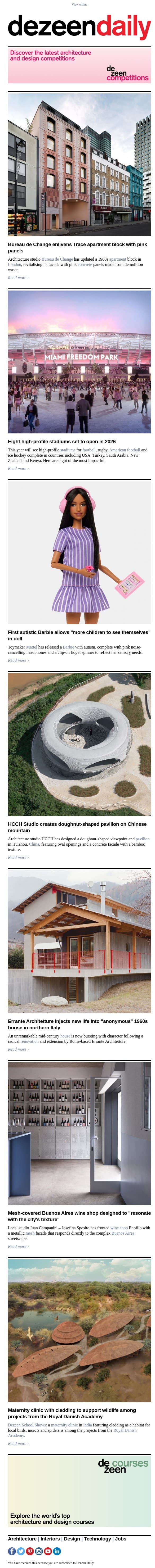 2026 upcoming stadiums | Autistic Barbie | Demolition-waste facade email from Dezeen screenshot