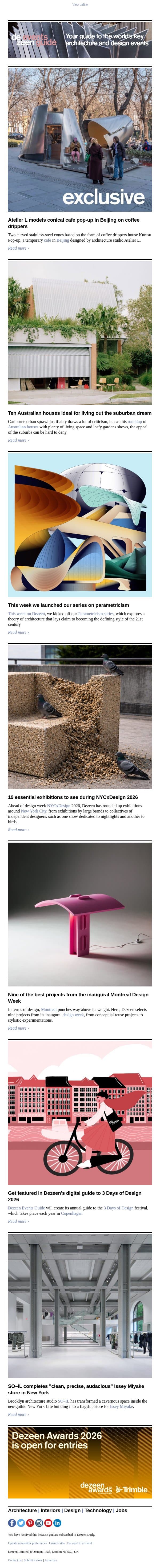 NYCxDesign preview | Conical Beijing cafe | SO-IL Issey Miyake store email from Dezeen screenshot