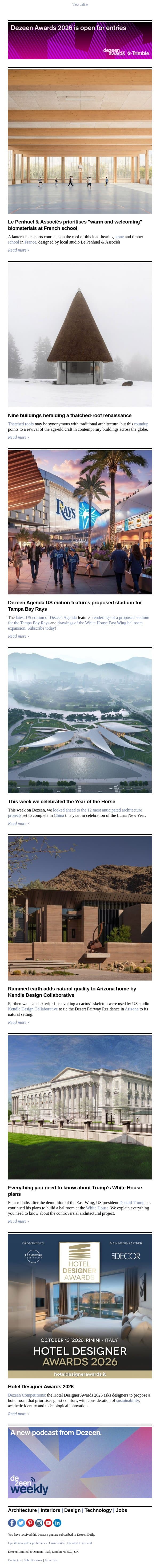 White House ballroom recap | Rammed-earth home | French timber school email from Dezeen screenshot