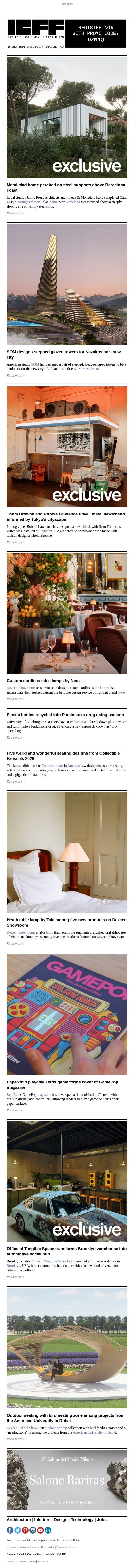 House on stilts | Collectible Brussels highlights | Thom Browne newsstand email from Dezeen screenshot