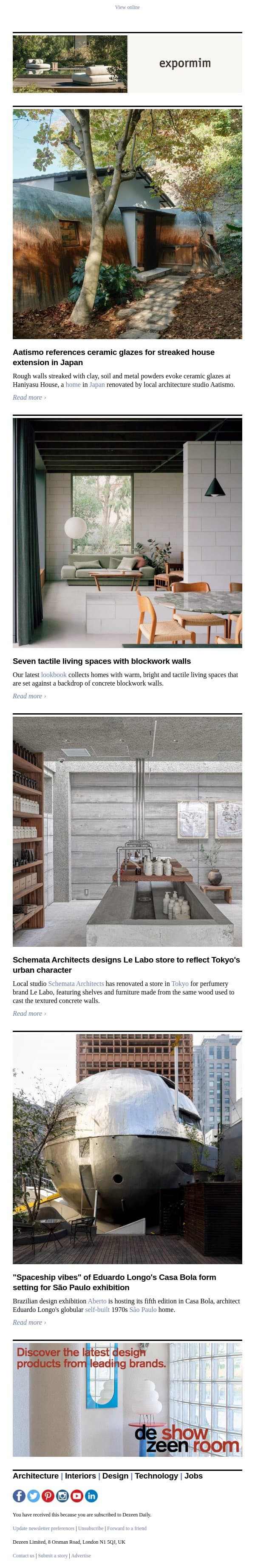 Blockwork wall interiors | Clay-streaked Japanese house | Tokyo perfume store email from Dezeen screenshot