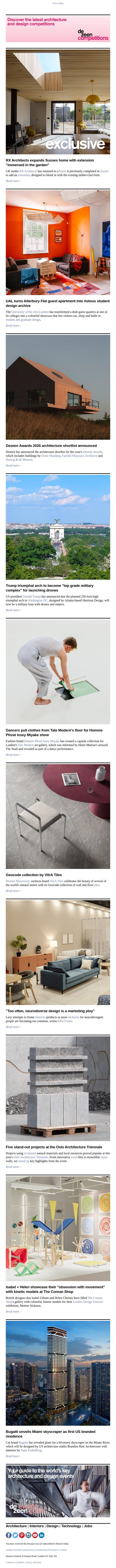 Bugatti skyscraper | Dezeen Awards architecture shortlist | Trump arch military base email from Dezeen screenshot