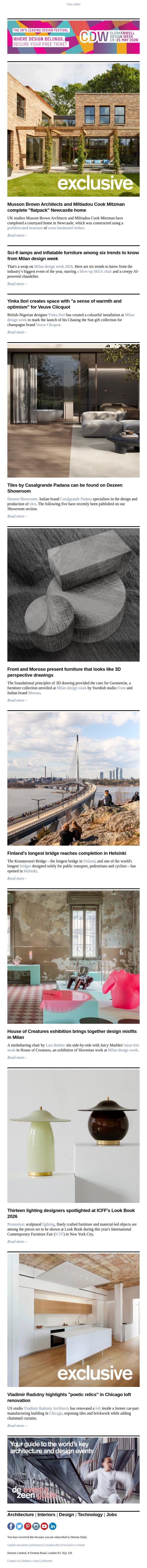 Milan design week trends | Finland's longest bridge | 3D-drawing furniture email from Dezeen screenshot