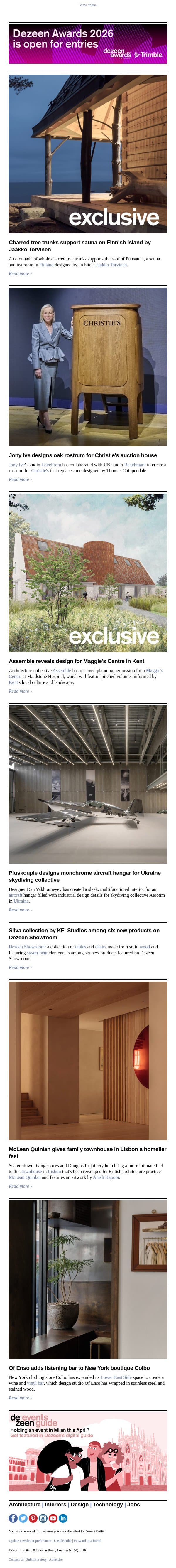 Assemble Maggie's Centre | Jony Ive Christie's rostrum | Ukraine aircraft hangar email from Dezeen screenshot