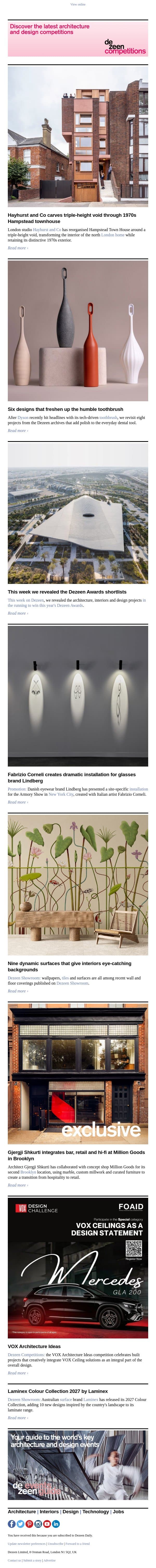 Designer toothbrushes | 1970s Hampstead townhouse | Brooklyn bar email from Dezeen screenshot