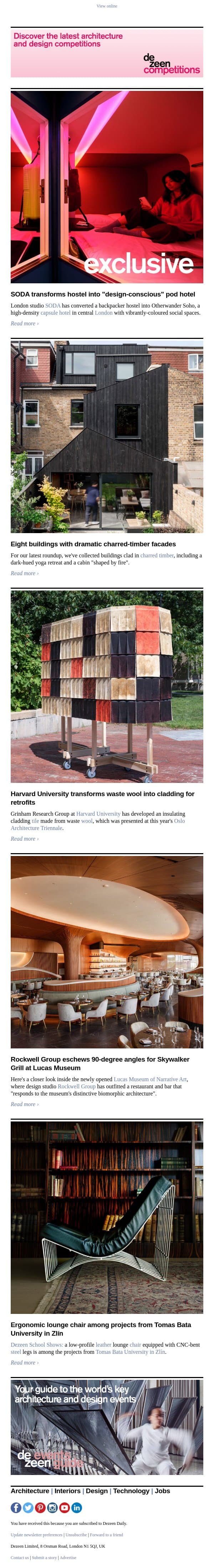 London pod hotel | Charred-timber buildings | Waste-wool cladding email from Dezeen screenshot