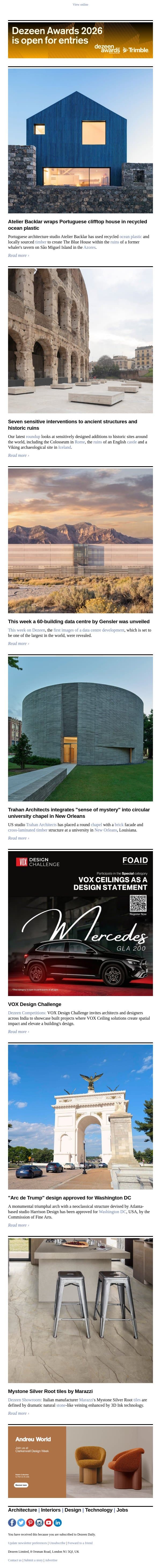 Trump arch approved | Recycled ocean-plastic house | Revamped ruins email from Dezeen screenshot