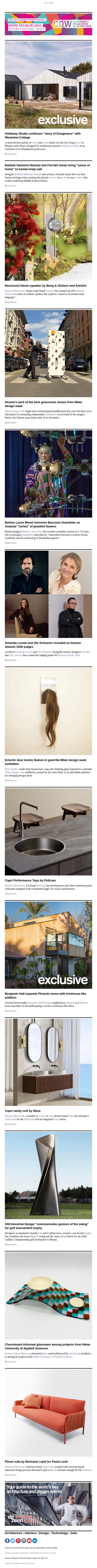 Milan grassroots shows | Dungeness cottage | Bethan Laura Wood chandelier email from Dezeen screenshot