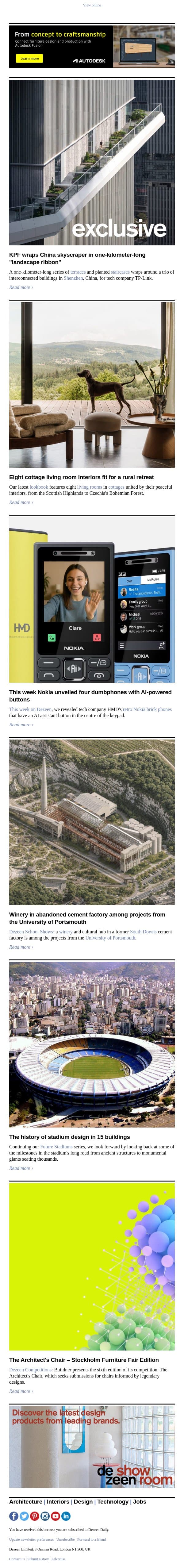 History of stadium design | Cottage living rooms | Terrace-wrapped skyscraper email from Dezeen screenshot
