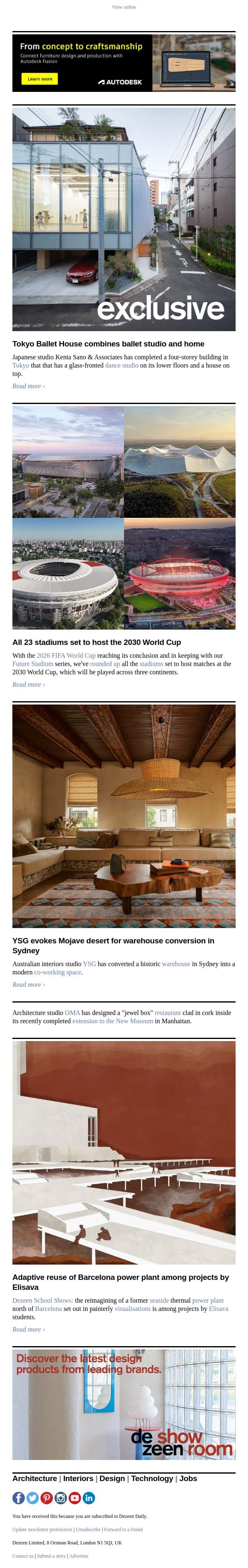 OMA restaurant | 2030 World Cup stadiums | Tokyo Ballet House email from Dezeen screenshot