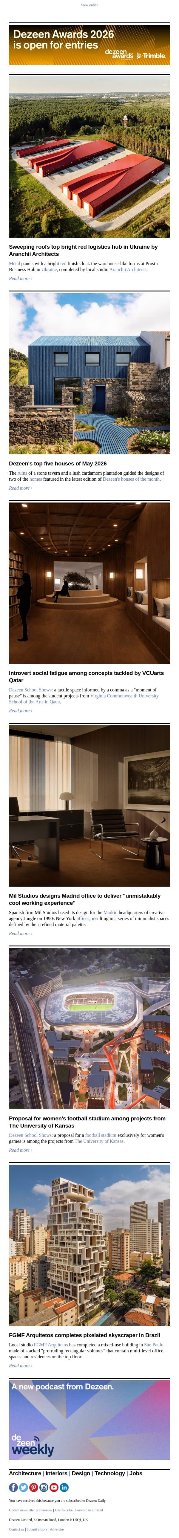 Pixelated Brazil skyscraper | May's best houses | "Unmistakably cool" office email from Dezeen screenshot