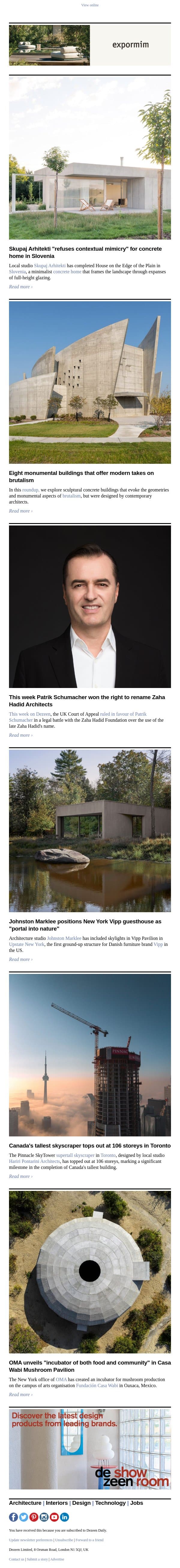 Casa Wabi OMA pavilion | Modern brutalist architecture | Canada's tallest building tops out email from Dezeen screenshot