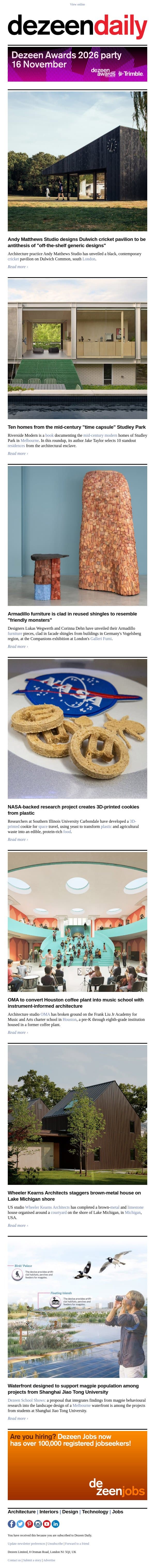 "Friendly monster" furniture | OMA music school | Edible plastic cookies email from Dezeen screenshot