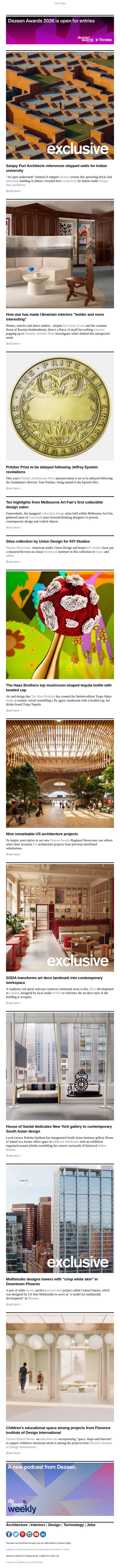Pritzker Prize delayed | Indian step-well university | Ukraine "bold" interiors email from Dezeen screenshot