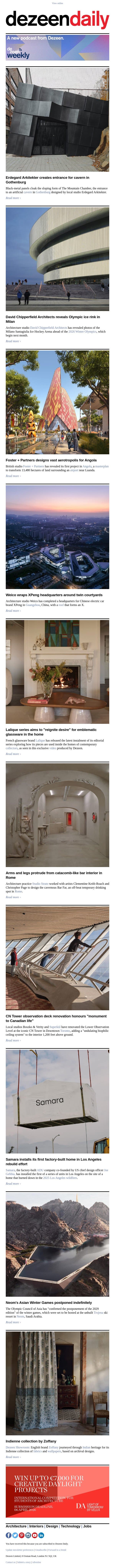 Neom Winter Games postponed | Foster Angola aerotropolis | Chipperfield Olympic ice rink email from Dezeen screenshot