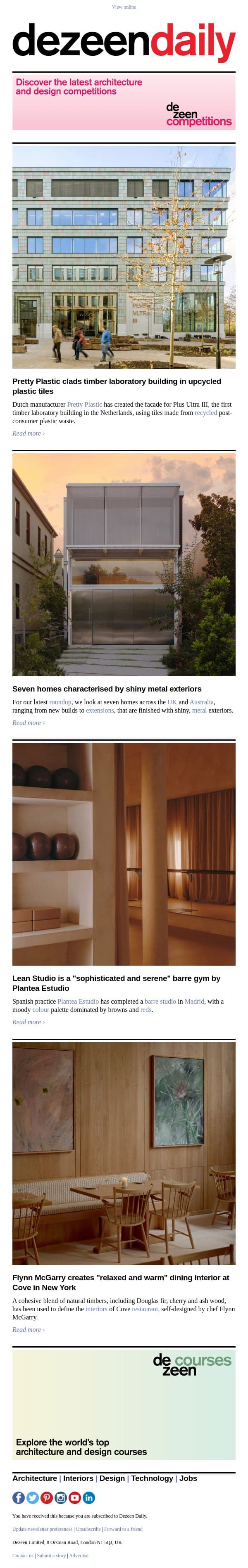 Shiny metal homes | "Serene" barre gym | Plastic-clad facade email from Dezeen screenshot